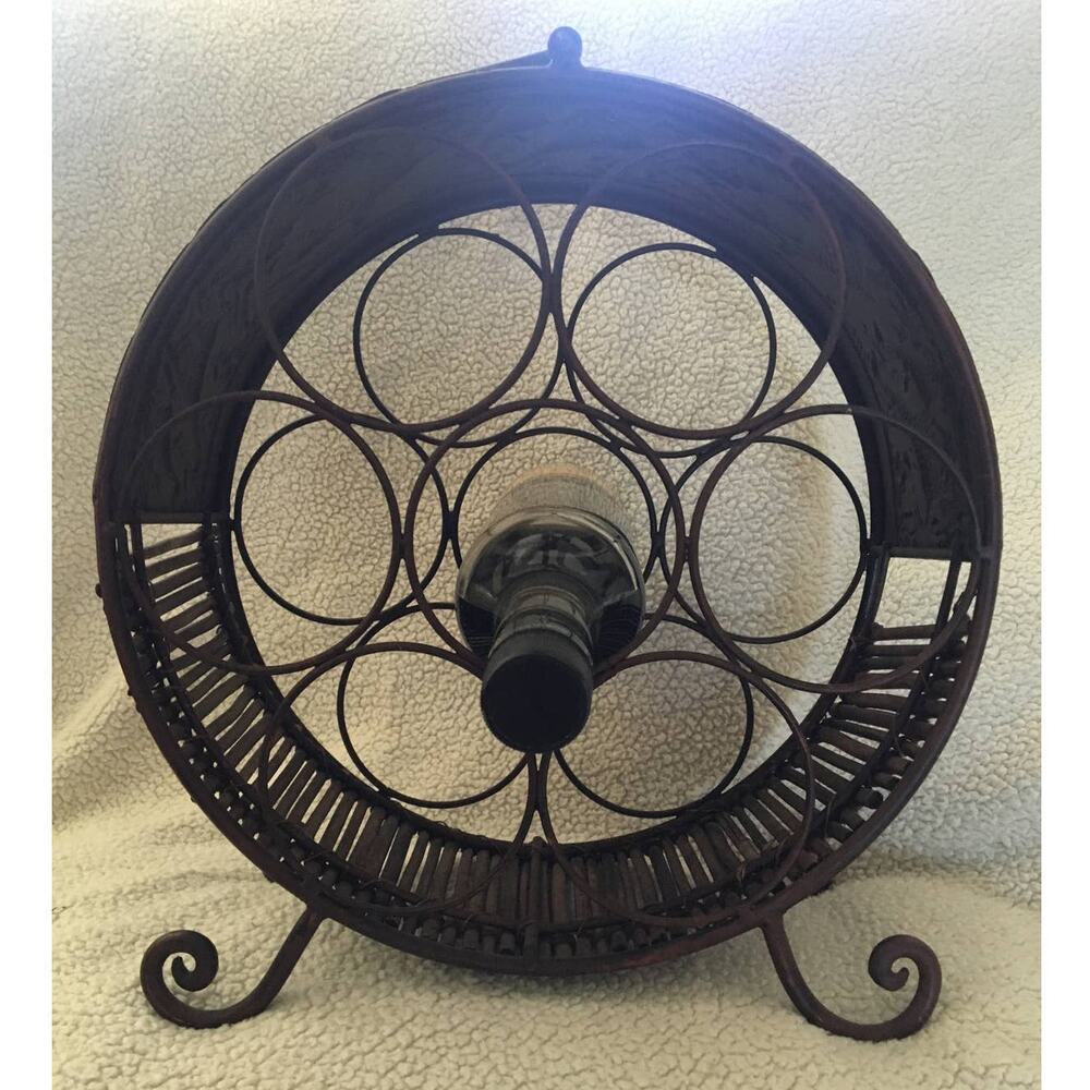 Standing Wine Rack 7 Bottle, Copper Tone African Scene, Metal & Wood With Handle